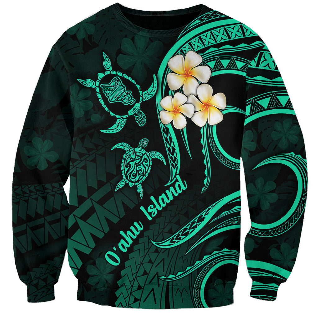 Unisex dark green sweatshirt with turquoise turtle, plumeria flowers, and island text on front