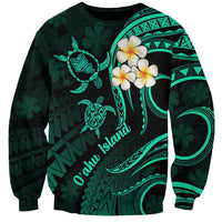 Unisex dark green sweatshirt with turquoise turtle, plumeria flowers, and island text on front
