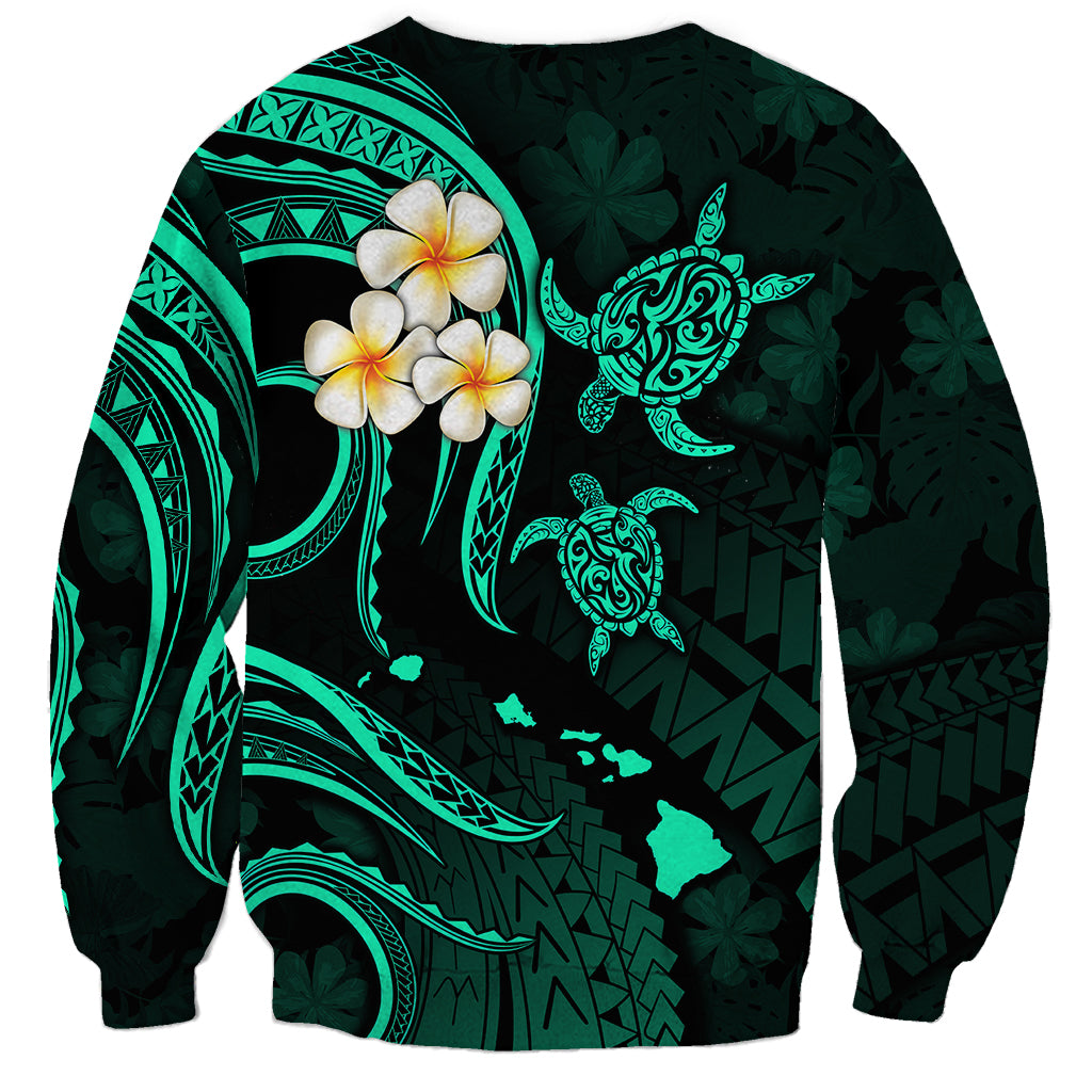 Unisex dark green sweatshirt with turquoise plumeria, sea turtles, and geometric motifs on back