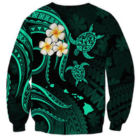 Unisex dark green sweatshirt with turquoise plumeria, sea turtles, and geometric motifs on back