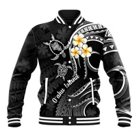 Unisex black baseball jacket with white striped collar, cuffs, and tropical plumeria print