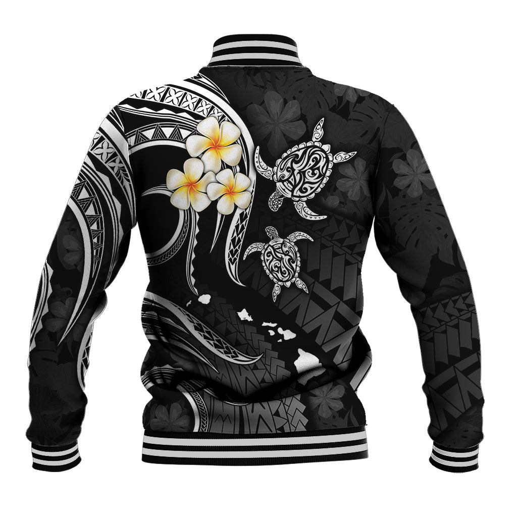 Unisex black baseball jacket back with white striped yoke, plumeria and sea turtle graphic