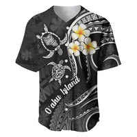 Black baseball jersey with white floral plumeria and Polynesian turtle graphics