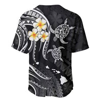 Black baseball jersey back with white plumeria, tribal patterns, and turtle artwork