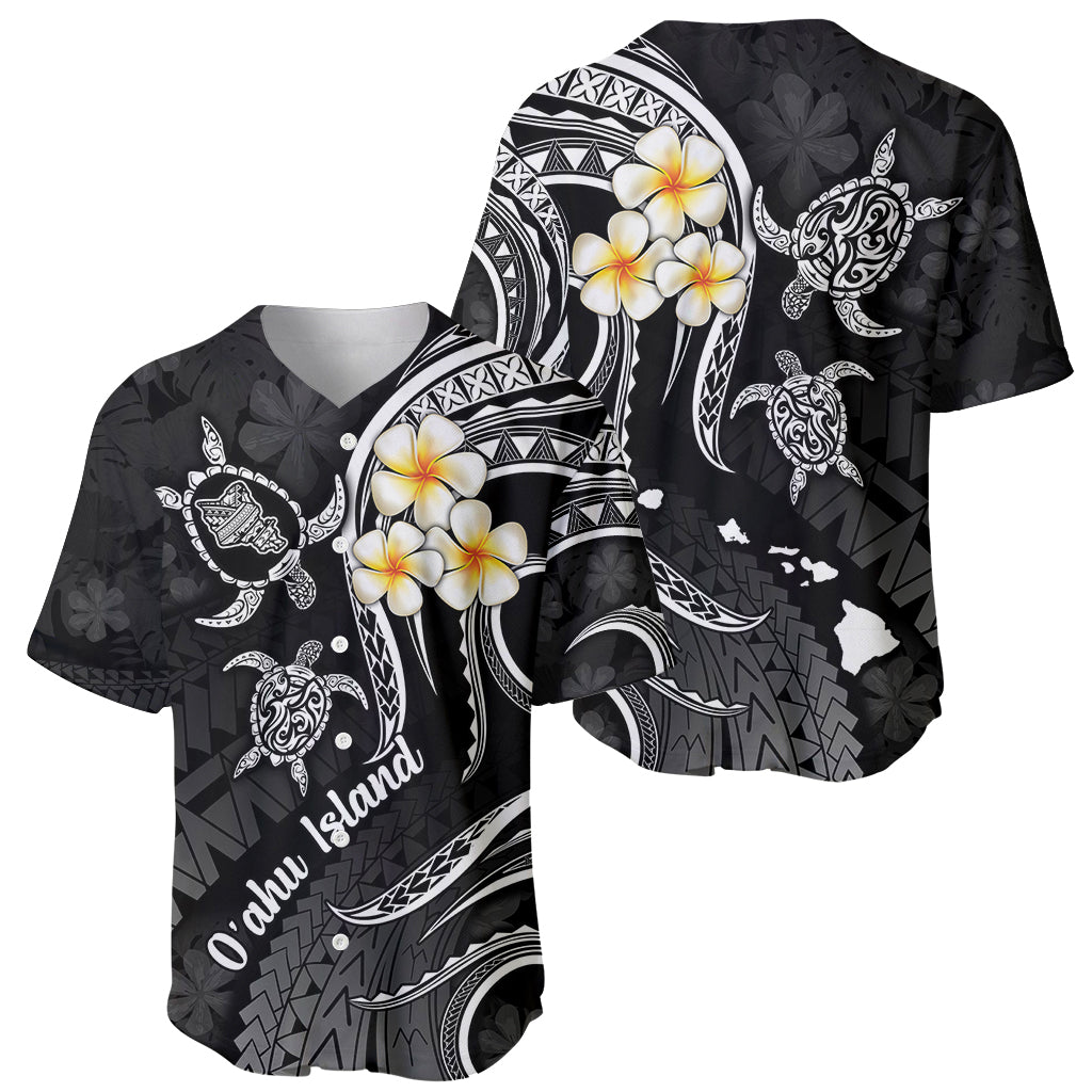 Black baseball jersey with white plumeria flowers and 'Oahu' island graphic