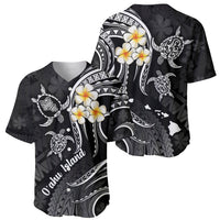 Black baseball jersey with white plumeria flowers and 'Oahu' island graphic