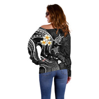 Women’s off-shoulder sweater, black with large back plumeria and decorative swirl print