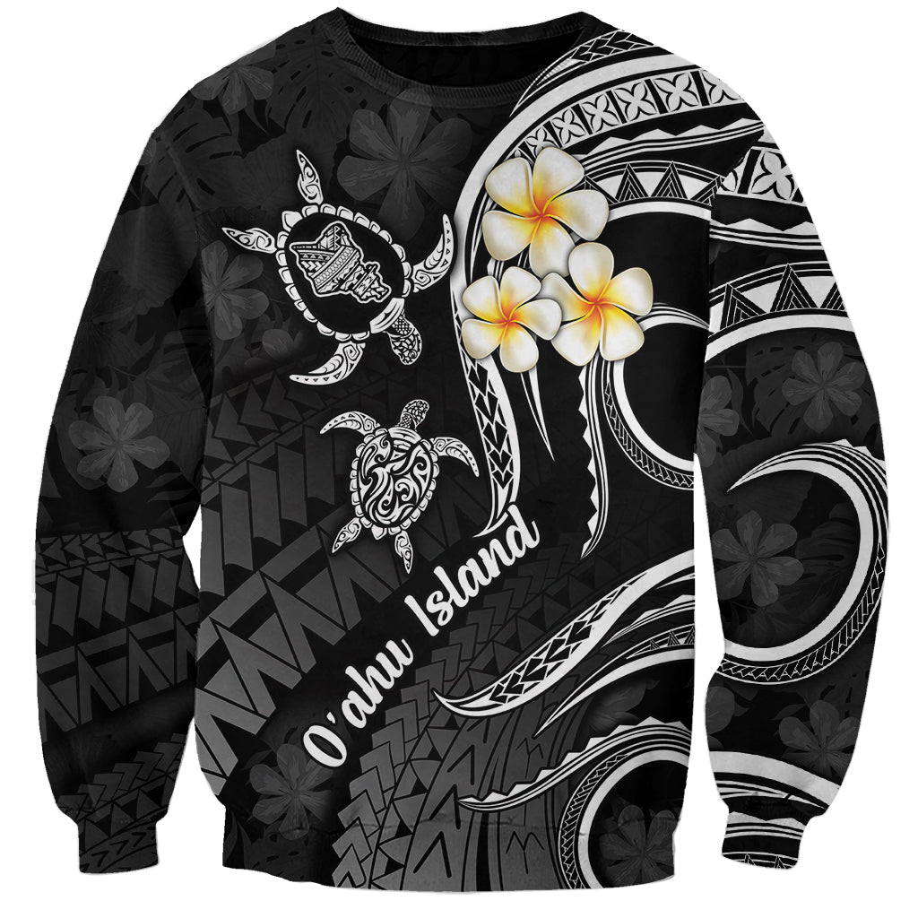 Unisex black sweatshirt with white plumeria flowers, sea turtle and island graphic