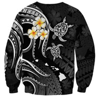 Unisex black sweatshirt with white plumeria flowers and sea turtle on tropical island