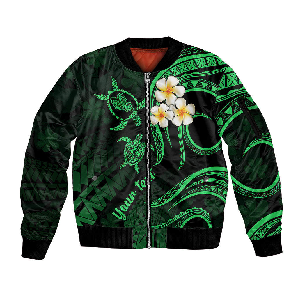 Green unisex zip-up bomber jacket with neon Polynesian tattoo and plumeria floral art