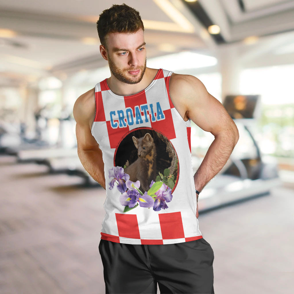 Men's Croatia tank top with red/white stripes; front pine marten and purple irises
