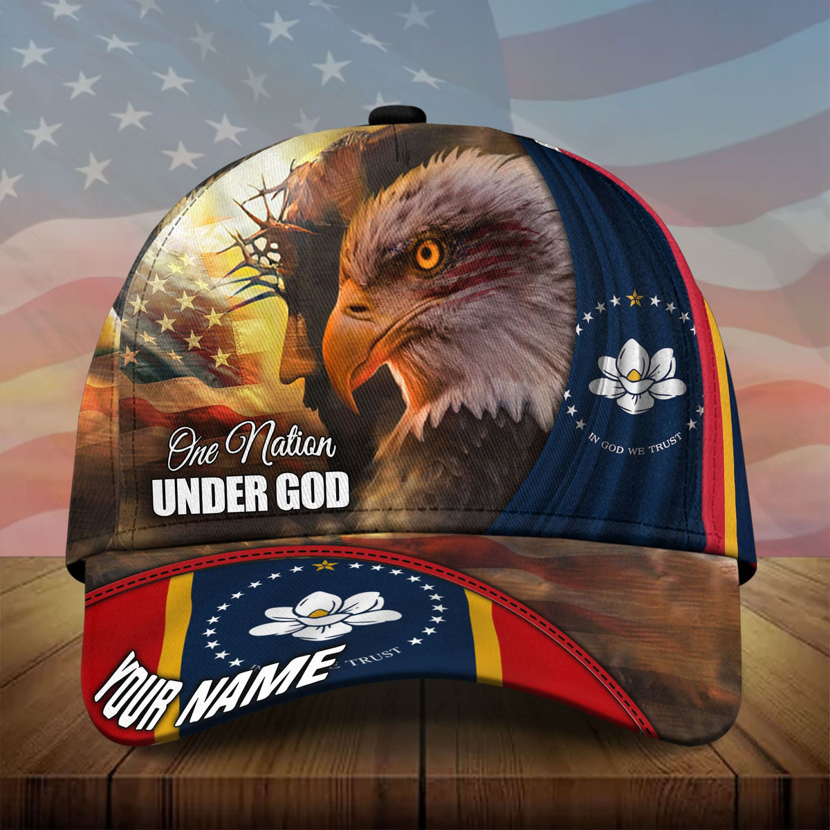 3D eagle baseball cap with 'In God We Trust' side emblem and 'YOUR NAME' brim