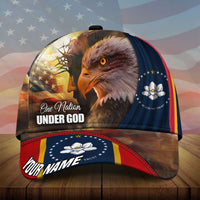 3D eagle baseball cap with 'In God We Trust' side emblem and 'YOUR NAME' brim