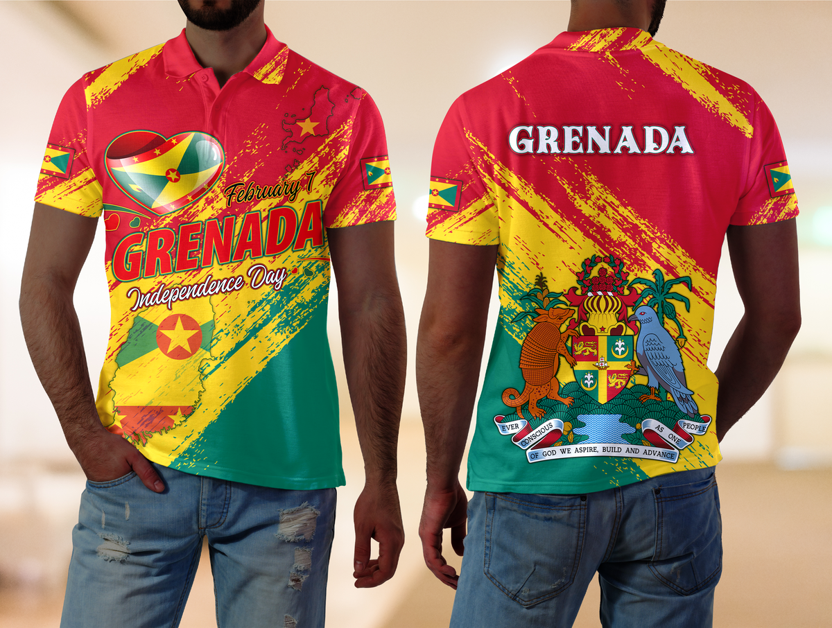 Red polo shirt with multicolor Grenada Independence Day graphic, short sleeves