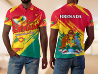 Red polo shirt with multicolor Grenada Independence Day graphic, short sleeves