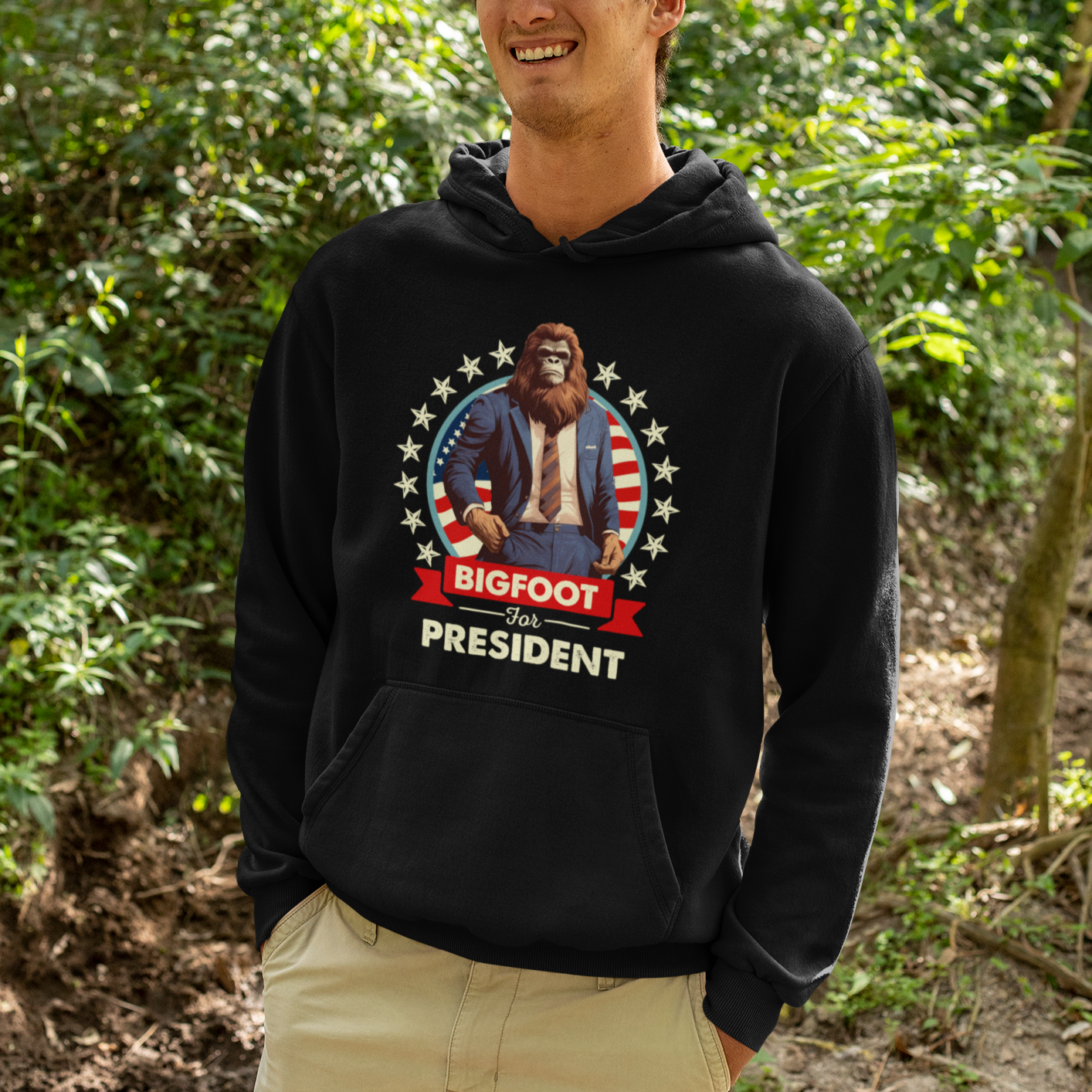 Bigfoot For President Hoodie Funny American USA Flag Sasquatch Election - Wonder Print Shop