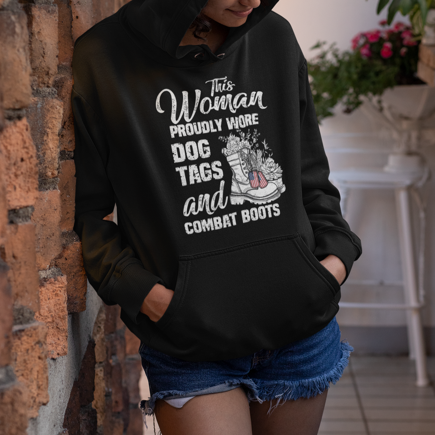 Female Veteran Hoodie This Woman Proudly Wore Dog Tags And Combat Boots Floral - Wonder Print Shop