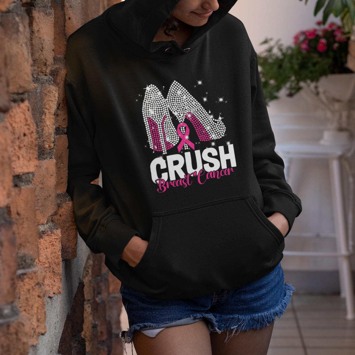 Crush Breast Cancer Awareness Hoodie Bling High Heels Pink Ribbon - Wonder Print Shop