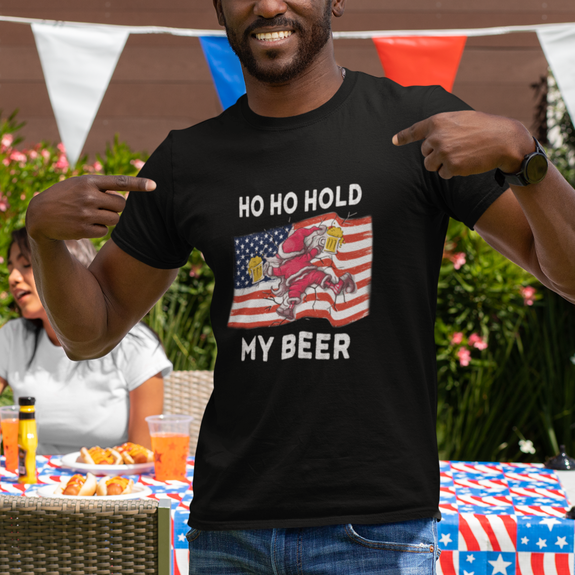 Christmas In Hawaii T Shirt Ho Ho Hold My Beer Drunk Santa USA Flag - Wonder Print Shop