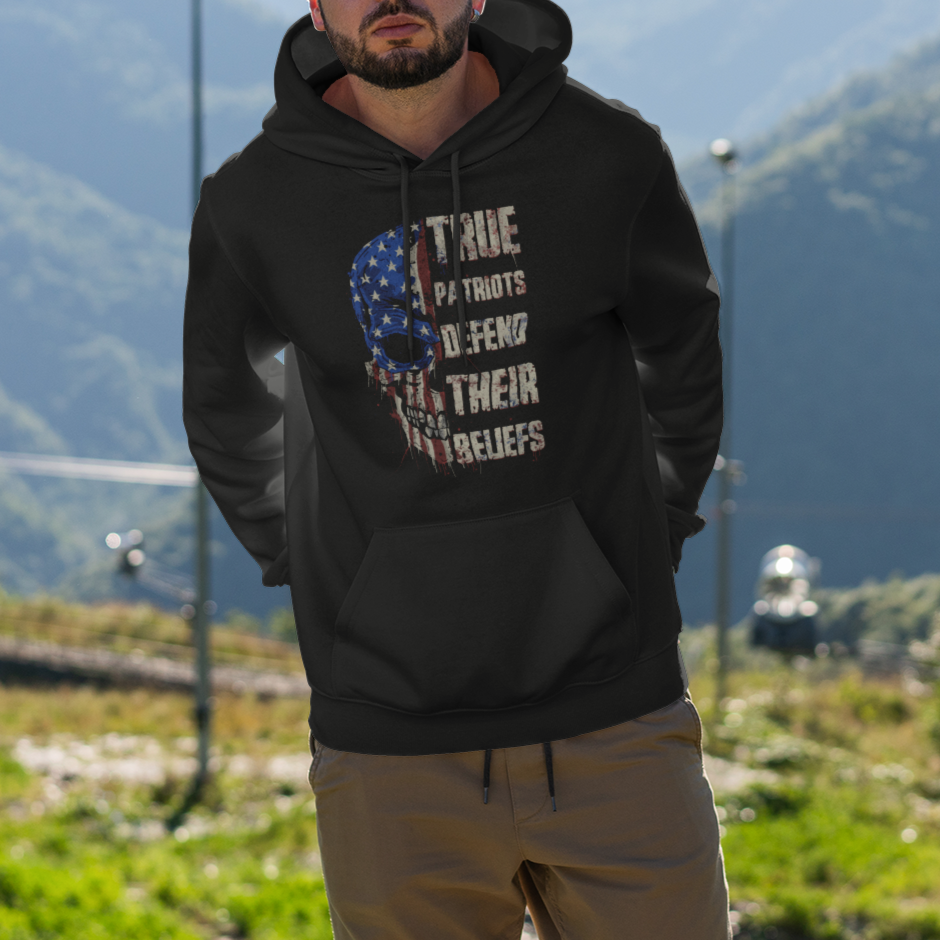 Hoodie True Patriots Defends Their Beliefs American Patriotic Spirit American Flag Skull - Wonder Print Shop