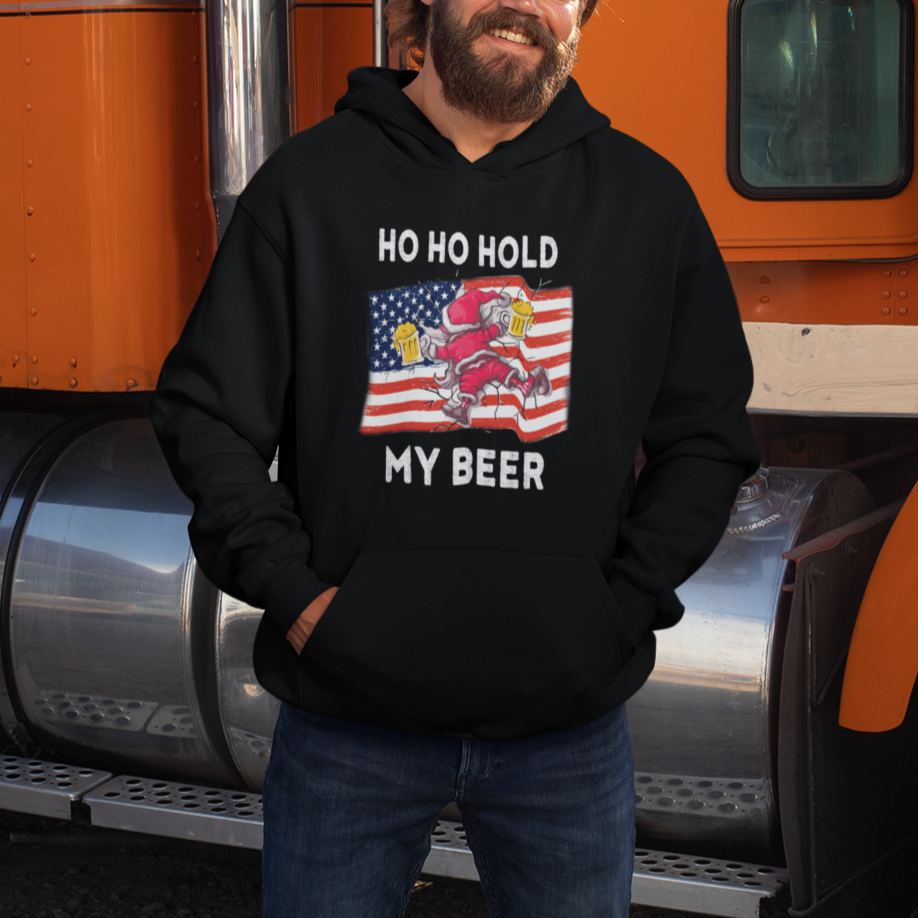 Christmas In Hawaii Hoodie Ho Ho Hold My Beer Drunk Santa USA Flag - Wonder Print Shop