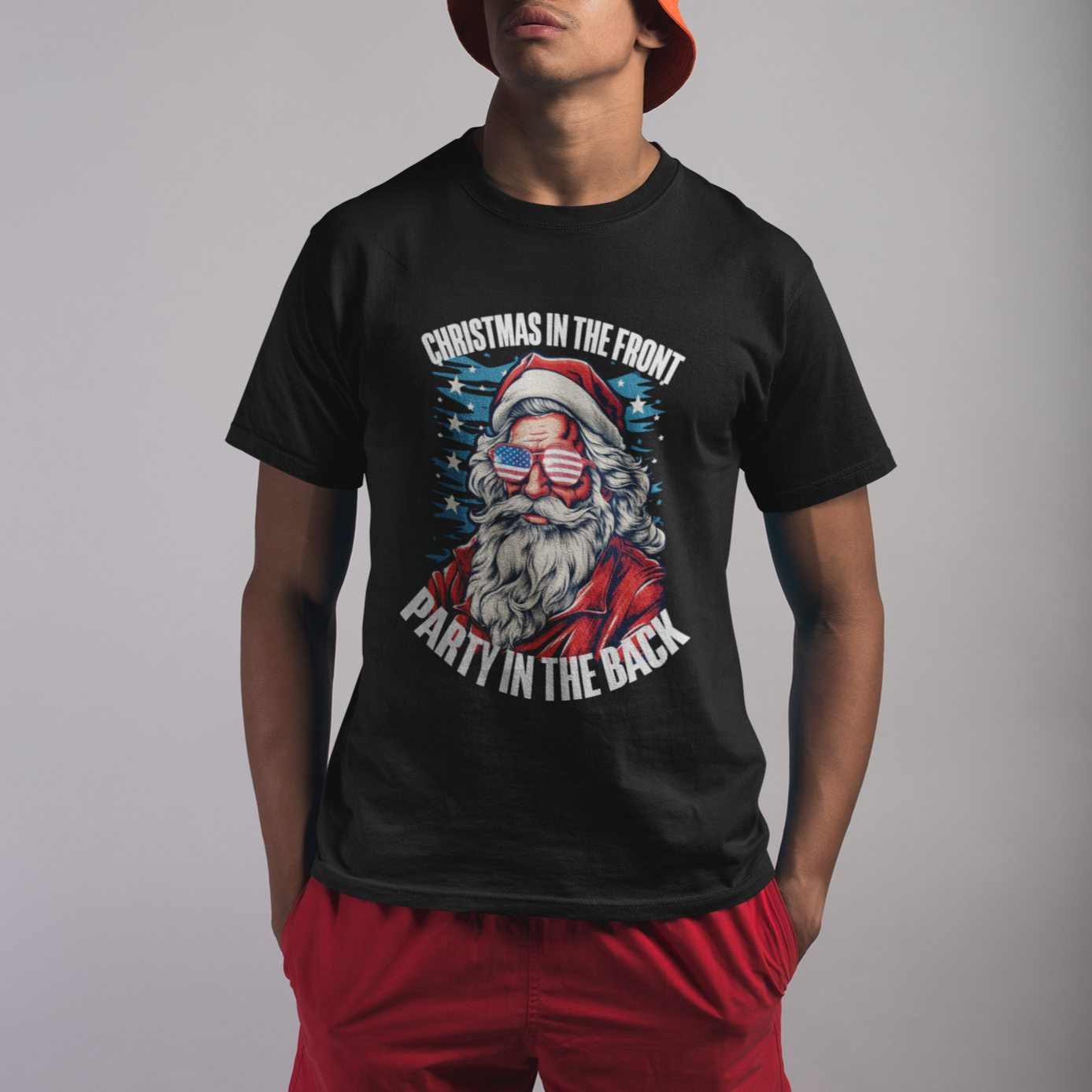 Christmas in the Front Party in the Back USA Patriotic Santa T Shirt - Wonder Print Shop