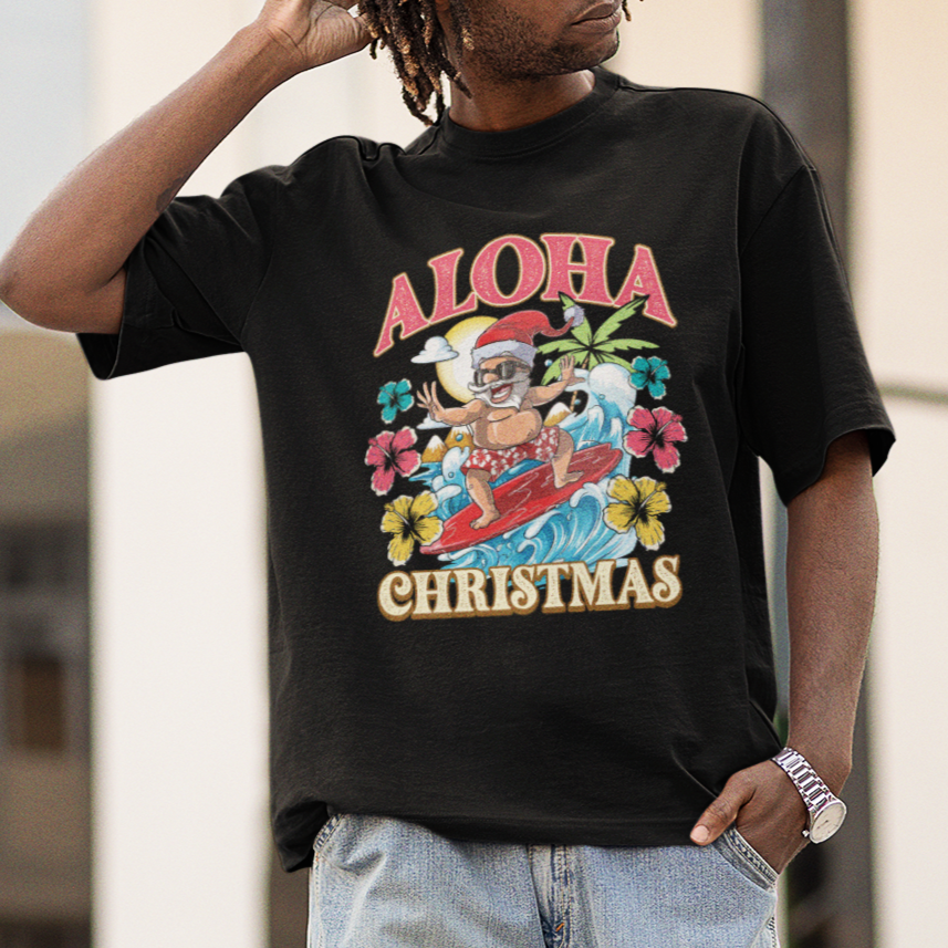 Aloha Hawaiian Christmas Mele Kalikimaka Tropical Xmas Surfing Santa T Shirt - Wonder Print Shop