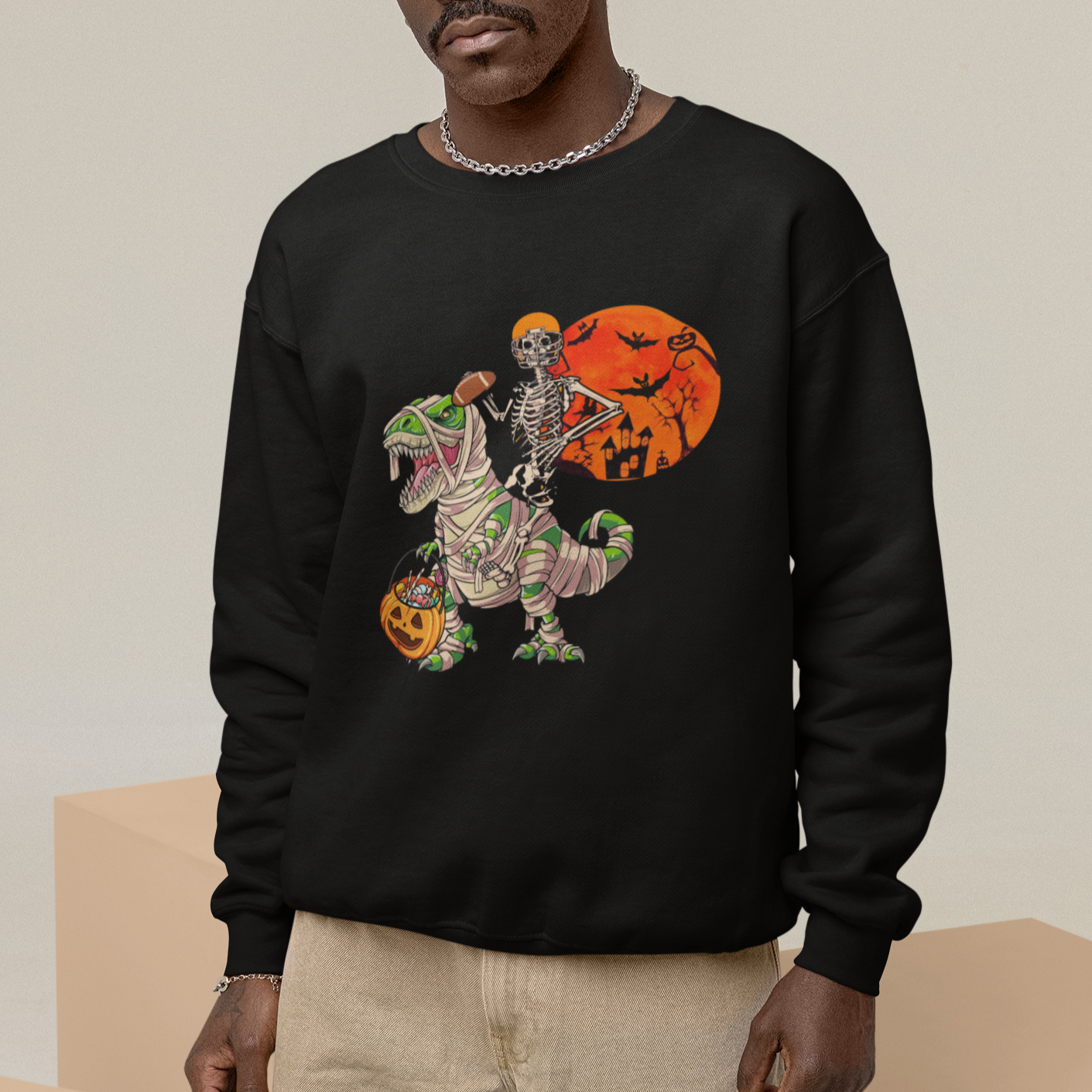 Football Skeleton Sweatshirt American Football Halloween Skeleton Riding Dinosaur Football Fan - Wonder Print Shop