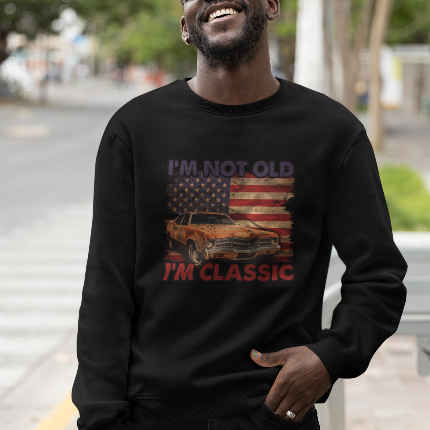 Birthday Mens Sweatshirt Motorcycle USA Flag Retro Biker I'm Not Old I'm Classic - Wonder Print Shop