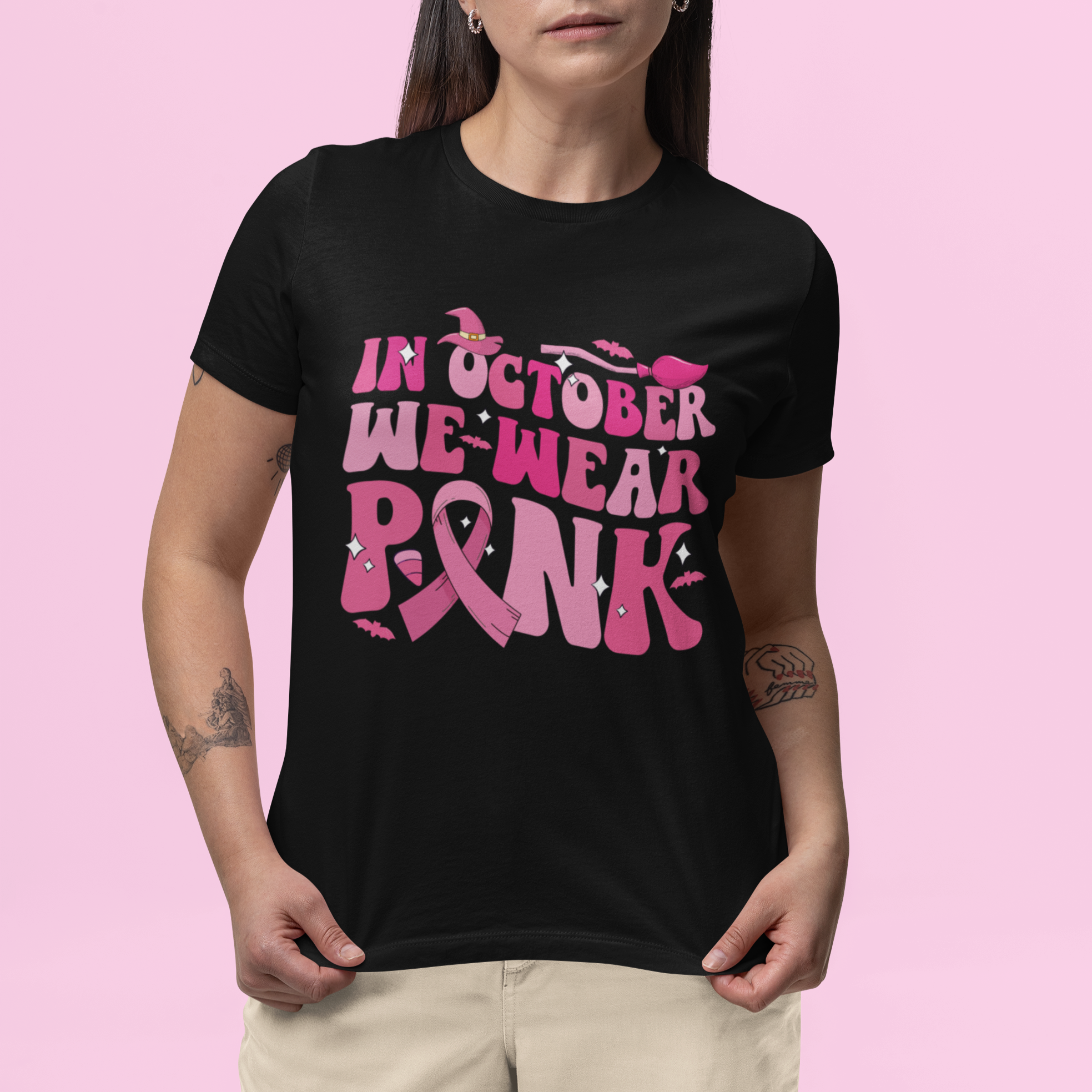 Breast Cancer Witch T Shirt In October We Wear Pink Ribbon Witch Halloween Breast Cancer Awareness - Wonder Print Shop