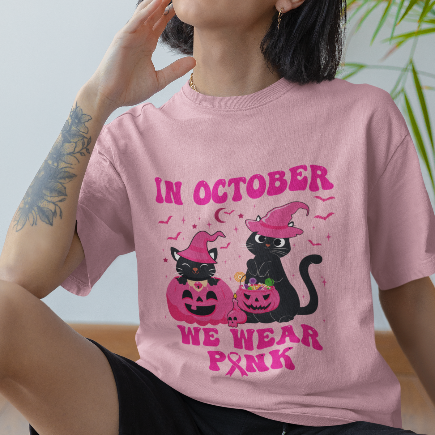 Breast Cancer Cat T Shirt In October We Wear Pink Black Cat Halloween Breast Cancer Awareness - Wonder Print Shop