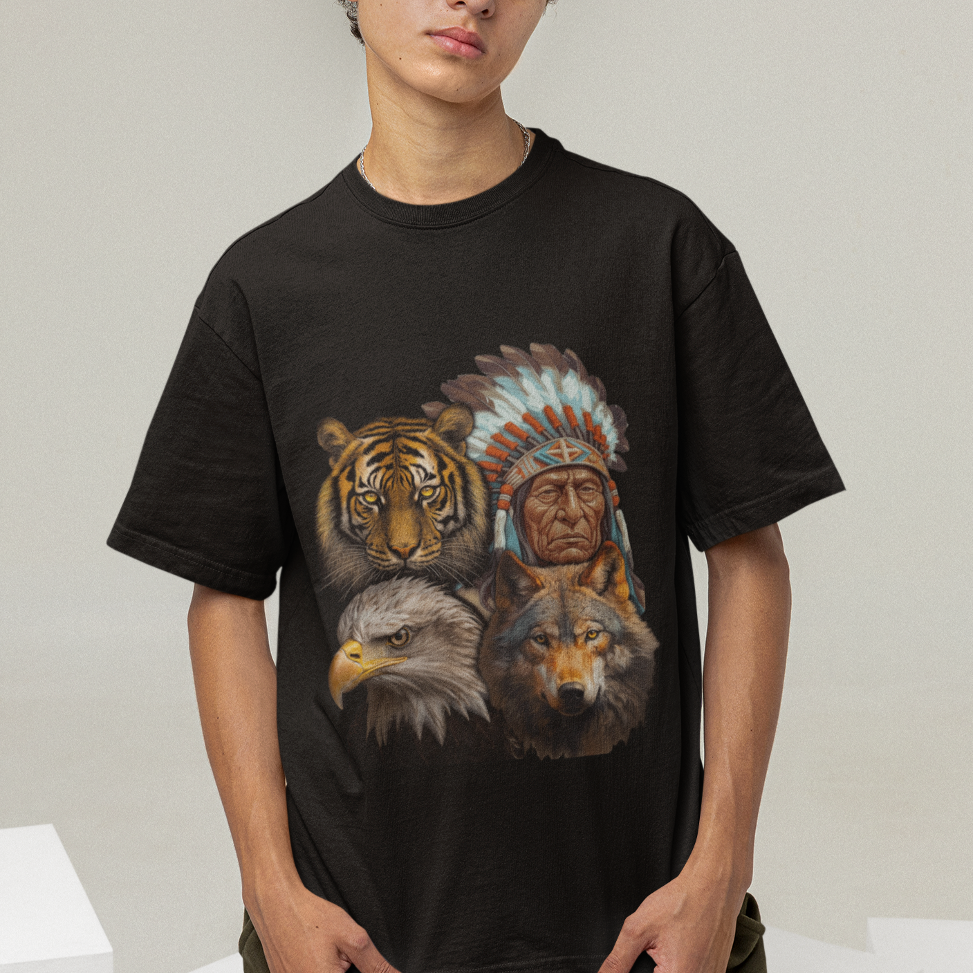 Native American T Shirt Indigenous American Indian Chief With Tiger Wolf American Eagle - Wonder Print Shop