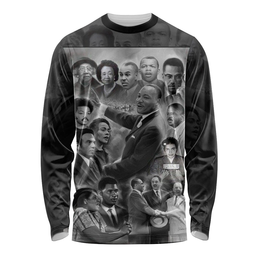 Black long-sleeve shirt with large vintage collage graphic of civil rights leaders