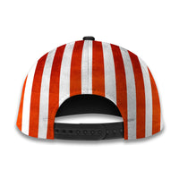 Patriotic baseball cap back with red and white vertical stripes and black adjustable strap.