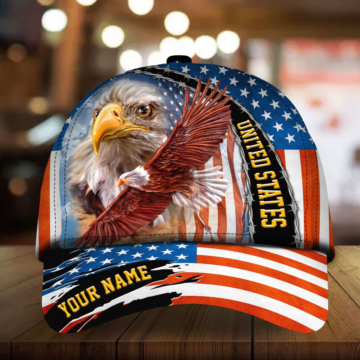 Patriotic eagle baseball cap with stars stripes, 'UNITED STATES' and 'YOUR NAME' print.