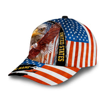 Patriotic eagle baseball cap with stars and striped print, 'UNITED STATES' vertical text.