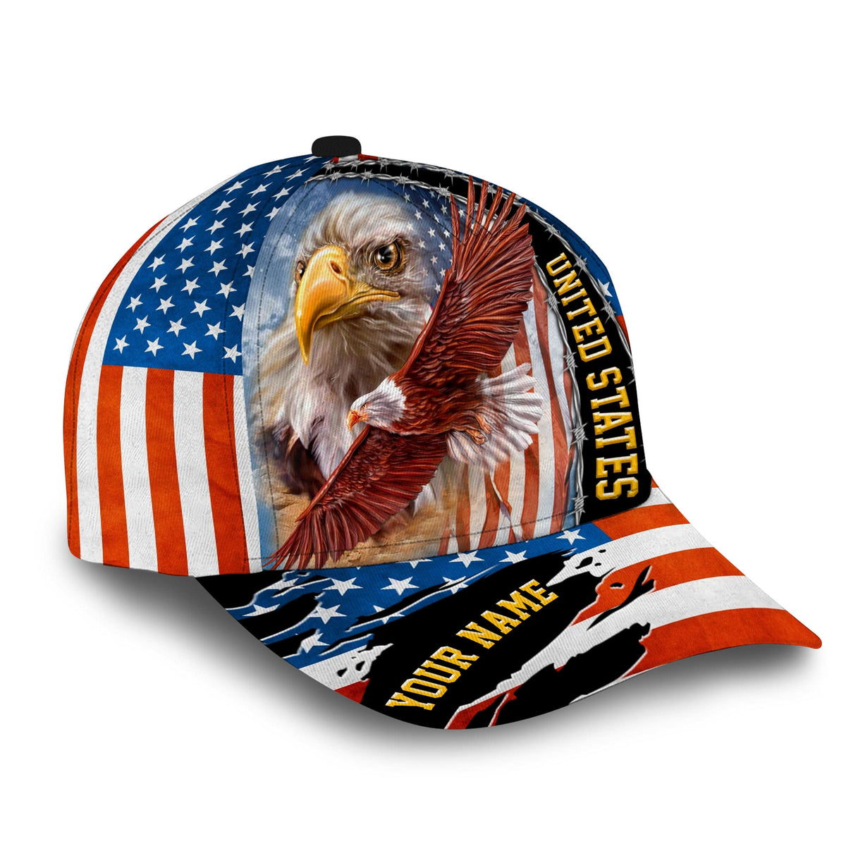 Patriotic baseball cap with eagle face, stars stripes, 'UNITED STATES' side text.