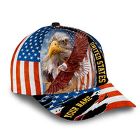 Patriotic baseball cap with eagle face, stars stripes, 'UNITED STATES' side text.