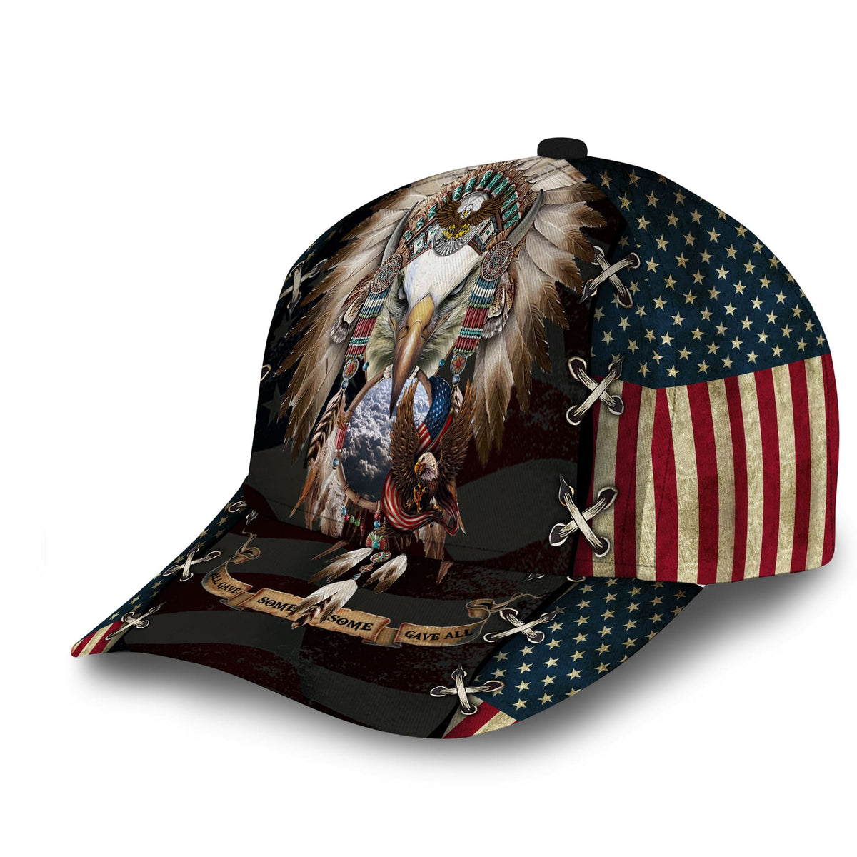 Black classic cap with 3D eagle on American flag stars and stripes, curved brim.