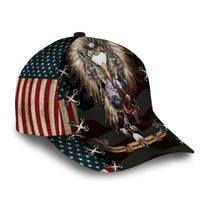Black classic cap with side American flag stars and 3D eagle feather graphic, eyelets.