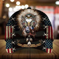 Black classic cap with 3D eagle and American flag star stripe graphic, eyelets.
