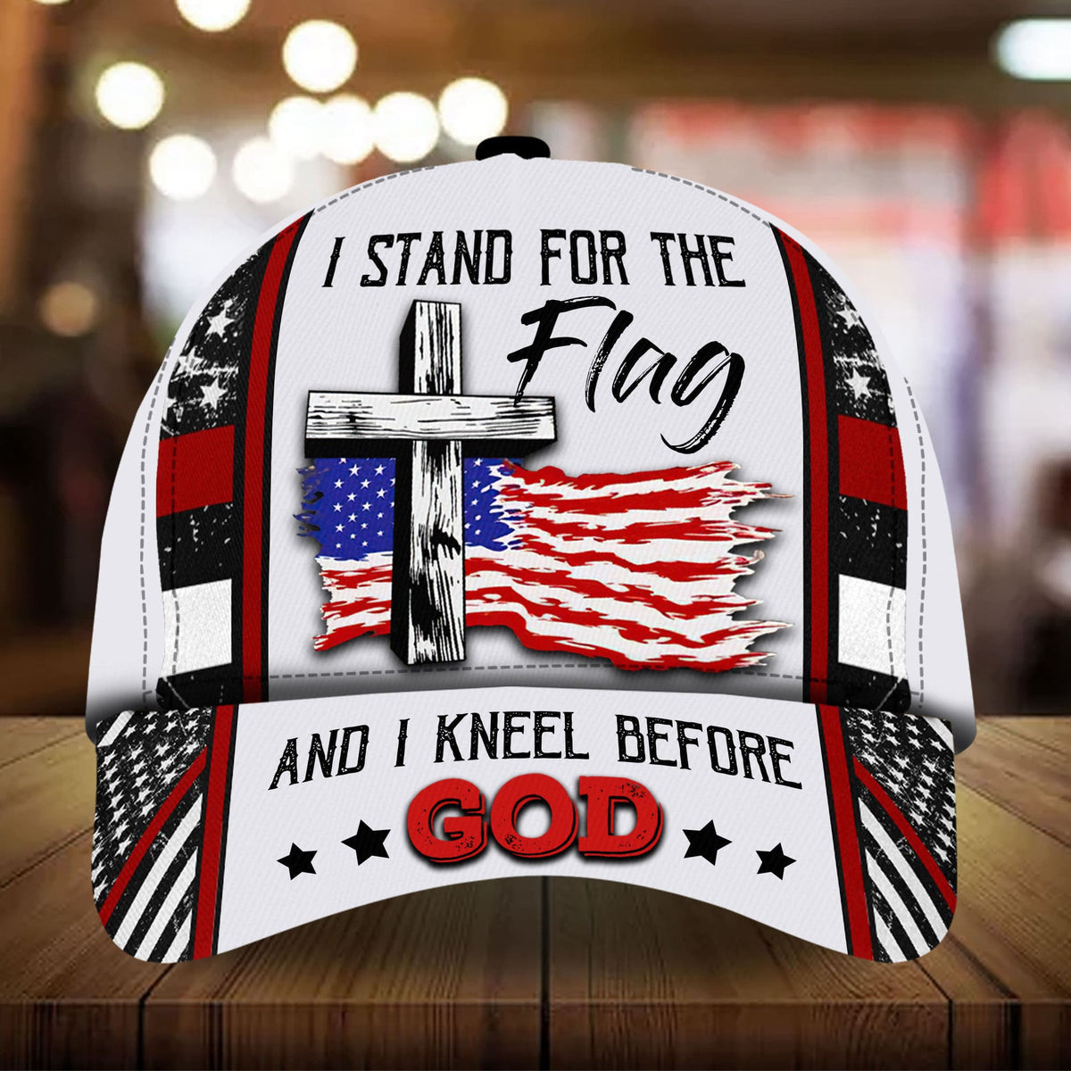Multicolored patriotic baseball cap with 3D cross-and-flag patch and 'GOD' lettering
