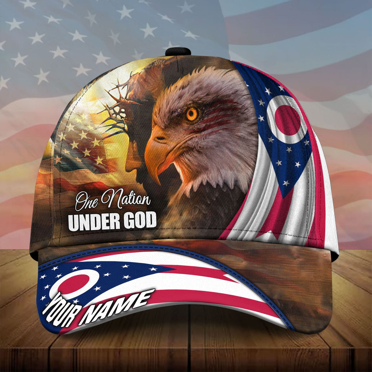 3D eagle baseball cap with US flag stripes and 'YOUR NAME' on brim