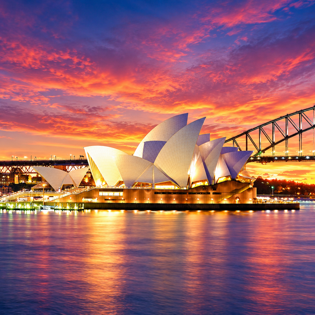 The Sydney Opera House at sunset with dramatic orange, pink, and purple clouds in the sky, the Sydney Harbour Bridge in the background, and golden reflections on the water.