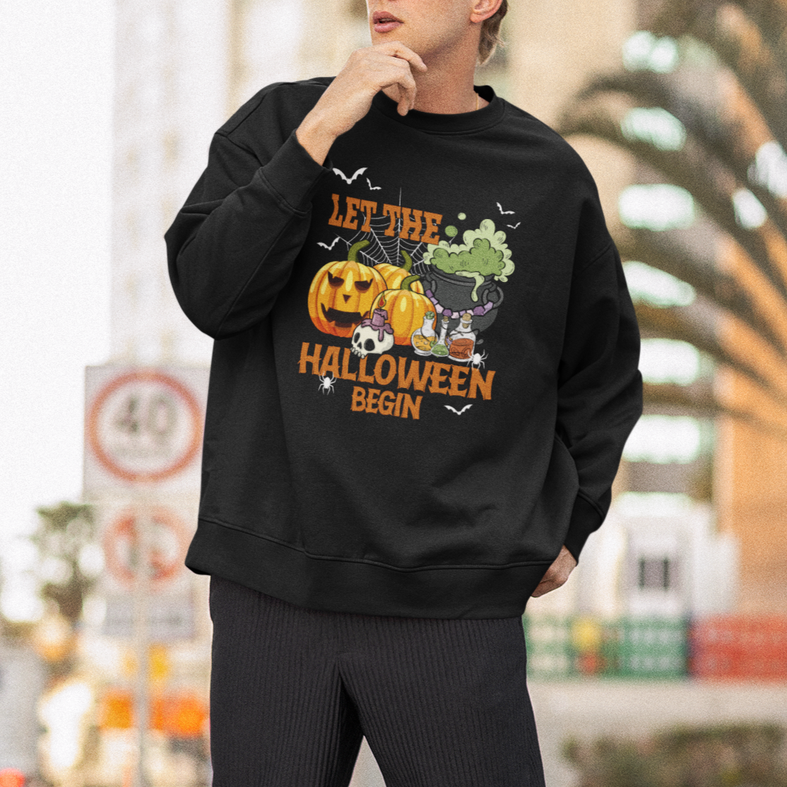 Black Halloween sweatshirt with pumpkin and ghost graphic, Let the Halloween Begin text