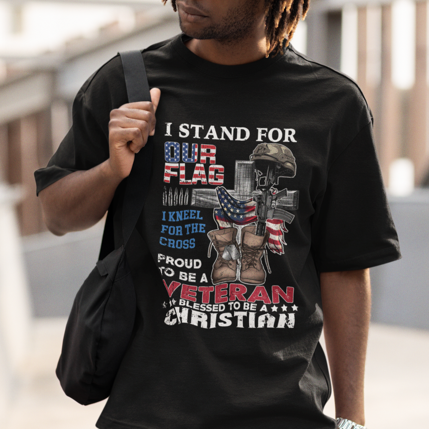 American Veteran T Shirt I Stand For Our Flag I Kneel For The Cross Blessed To Be Christian - Wonder Print Shop