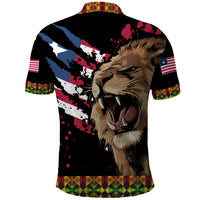 Back view polo shirt, black with roaring lion and striped flag sleeves