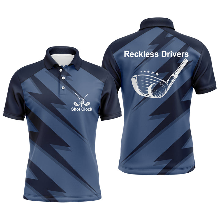 Men's navy golf polo shirt with 'Shot Clock' front, 'Reckless Drivers' back, geometric design