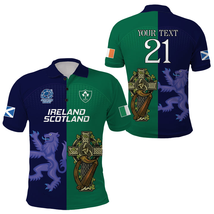 Custom rugby polo shirt in green and navy with Ireland Scotland text and number 21 graphic
