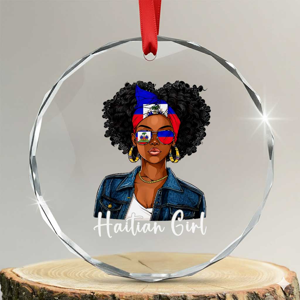 Proud Haitian Afro Girl in Denim Jacket Style Graphic Crystal Glass Ornament Haiti Heritage Pride